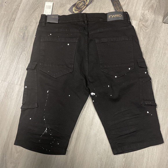 FWRD DENIM BLACK WHITE SPLATTER STRETCH DENIM SLIM FIT SHORTS SIZE 34 NEW - Picture 4 of 4